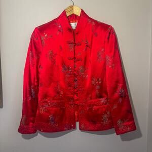 Vtg Ya Zhen Red Silk Blend Tang Suit Jacket Floral Brocade Mandarin Collar Large